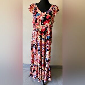 Iman Women’s Dress Black & Orange Size LP Ruffle Sleeves